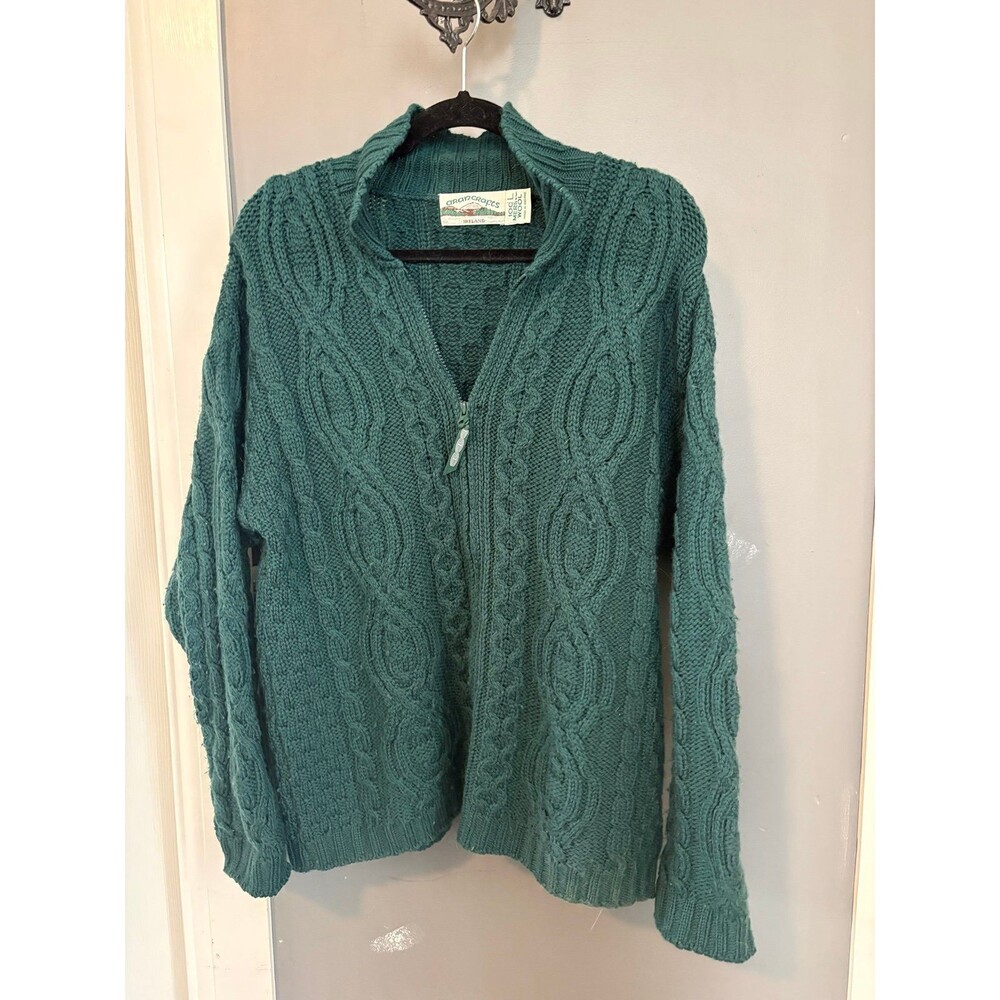 Aran crafts size xl dark green full zip merino wool Irish sweater cardigan